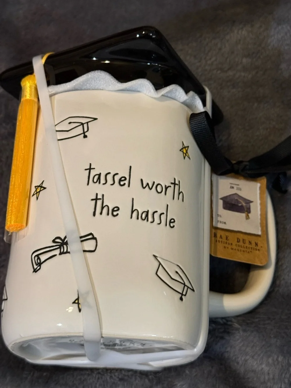 Rae Dunn white ceramic graduation mug with black cap lid and yellow tassel - Picture 6 of 7